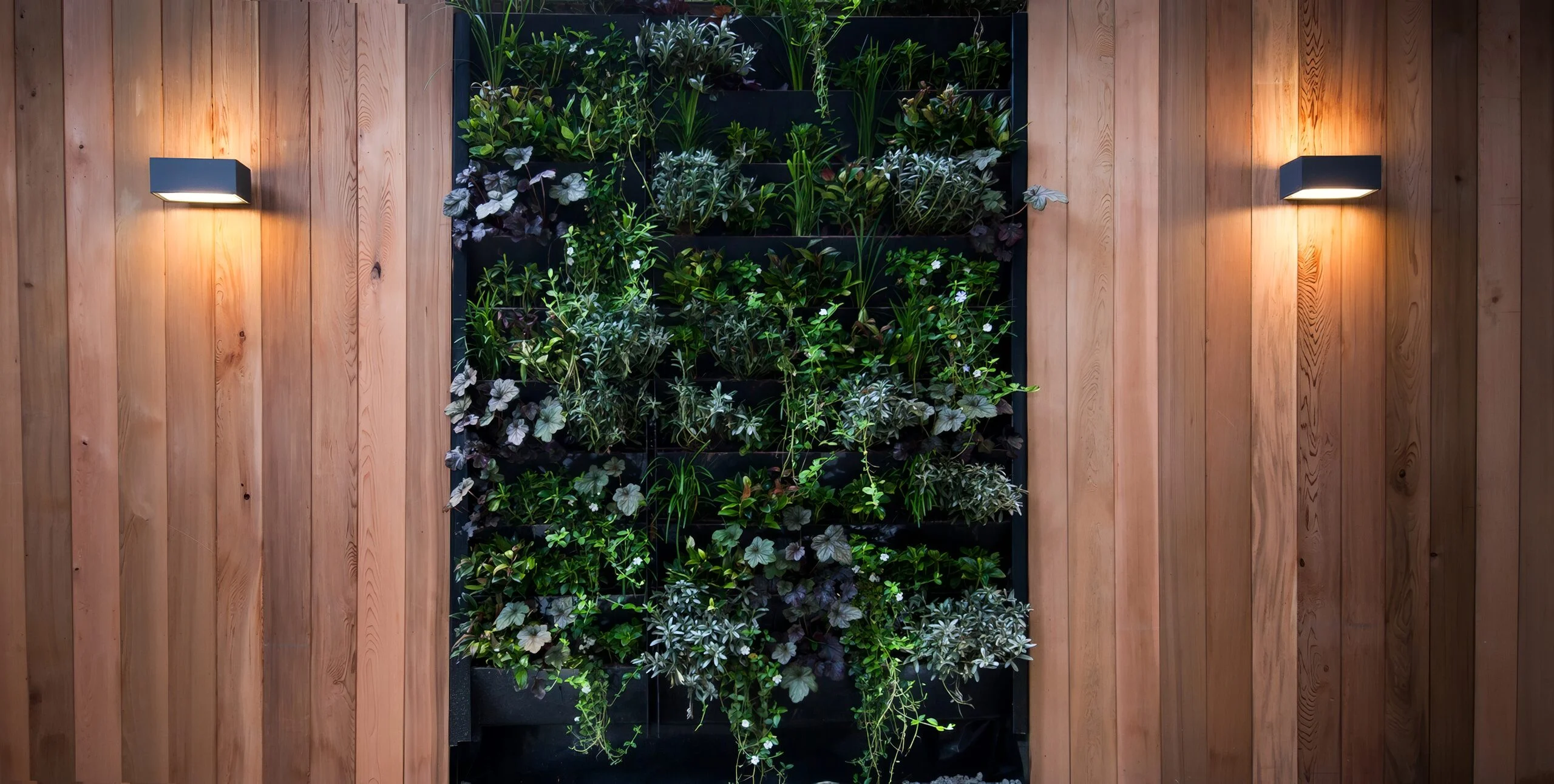 Living green wall between cedar panels with outdoor wall lights